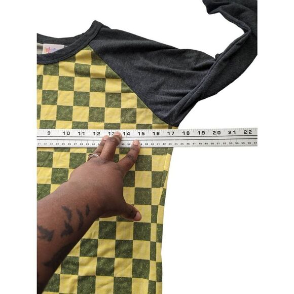 LuLaRoe Tee Randy Raglan tee 3/4 sleeve checkerboard pattern XXS Yellow Dark Gra - Picture 2 of 7